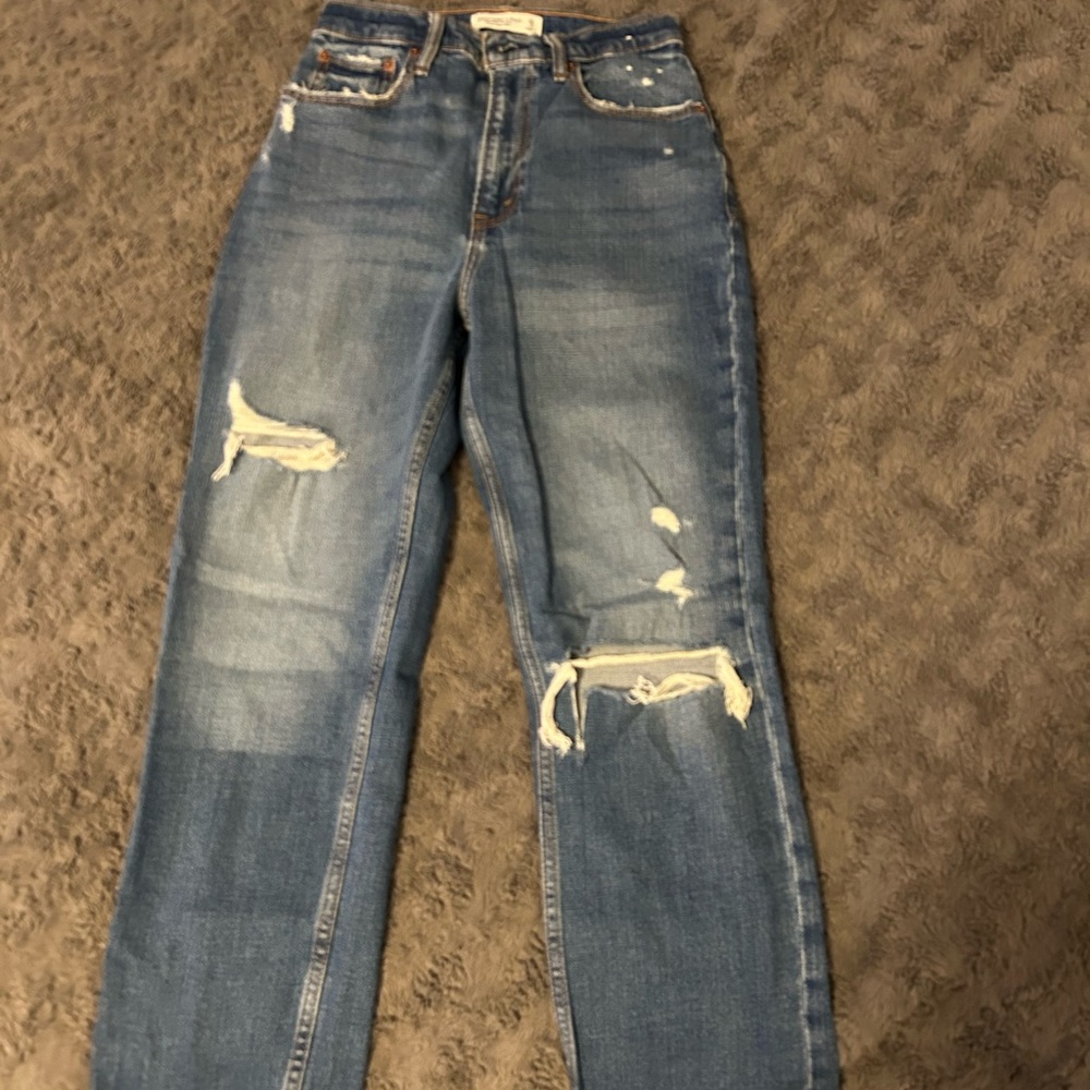 Abercrombie & Fitch Blue Straight Leg Jeans with Distressed Details